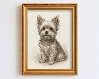 May include: A framed pencil sketch of a Yorkshire Terrier dog. The artwork features a detailed drawing of the dog in a seated position, with a focus on its fur and facial features. The frame is gold-colored, adding a classic touch to the piece.
