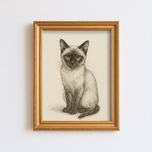 Vintage siamesisk katt skiss teckning husdjur minimal linje väggkonst illustration bondgård rustikt tryck
