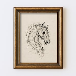 Desenho abstrato de cavalo vintage, desenho minimalista de linha equestre, arte de parede, ilustração, antigo, cottagecore, fazenda, impressão rústica
