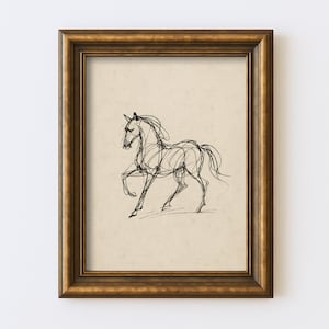 Desenho abstrato de cavalo vintage, desenho minimalista de linha equestre, arte de parede, ilustração, antigo, cottagecore, fazenda, impressão rústica