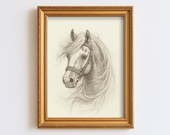 May include: A framed pencil sketch of a horse's head, featuring a detailed drawing of the horse's face and flowing mane. The horse is wearing a bridle. The frame is gold-colored and rectangular.