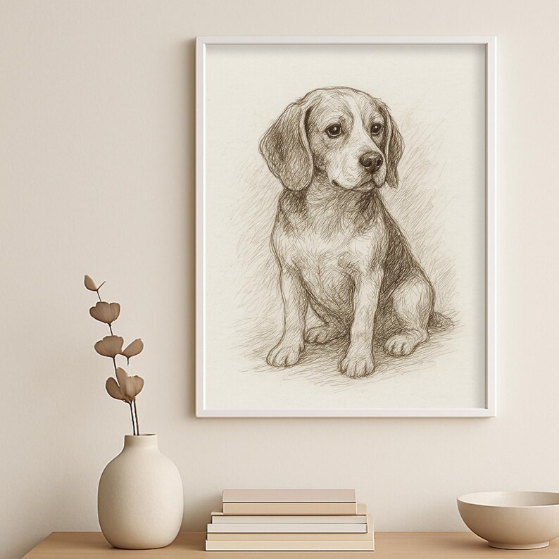 Vintage Beagle Dog Sketch Drawing Pet Minimal Line Wall Art ...