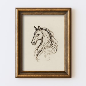 Desenho abstrato de cavalo vintage, desenho minimalista de linha equestre, arte de parede, ilustração, antigo, cottagecore, fazenda, impressão rústica