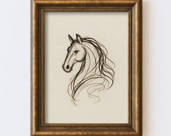 May include: A framed art print featuring a pencil sketch of a horse's head and flowing mane. The artwork is in shades of black and gray on a cream-colored background, set within a gold-toned wooden frame. The image is a classic equestrian theme.