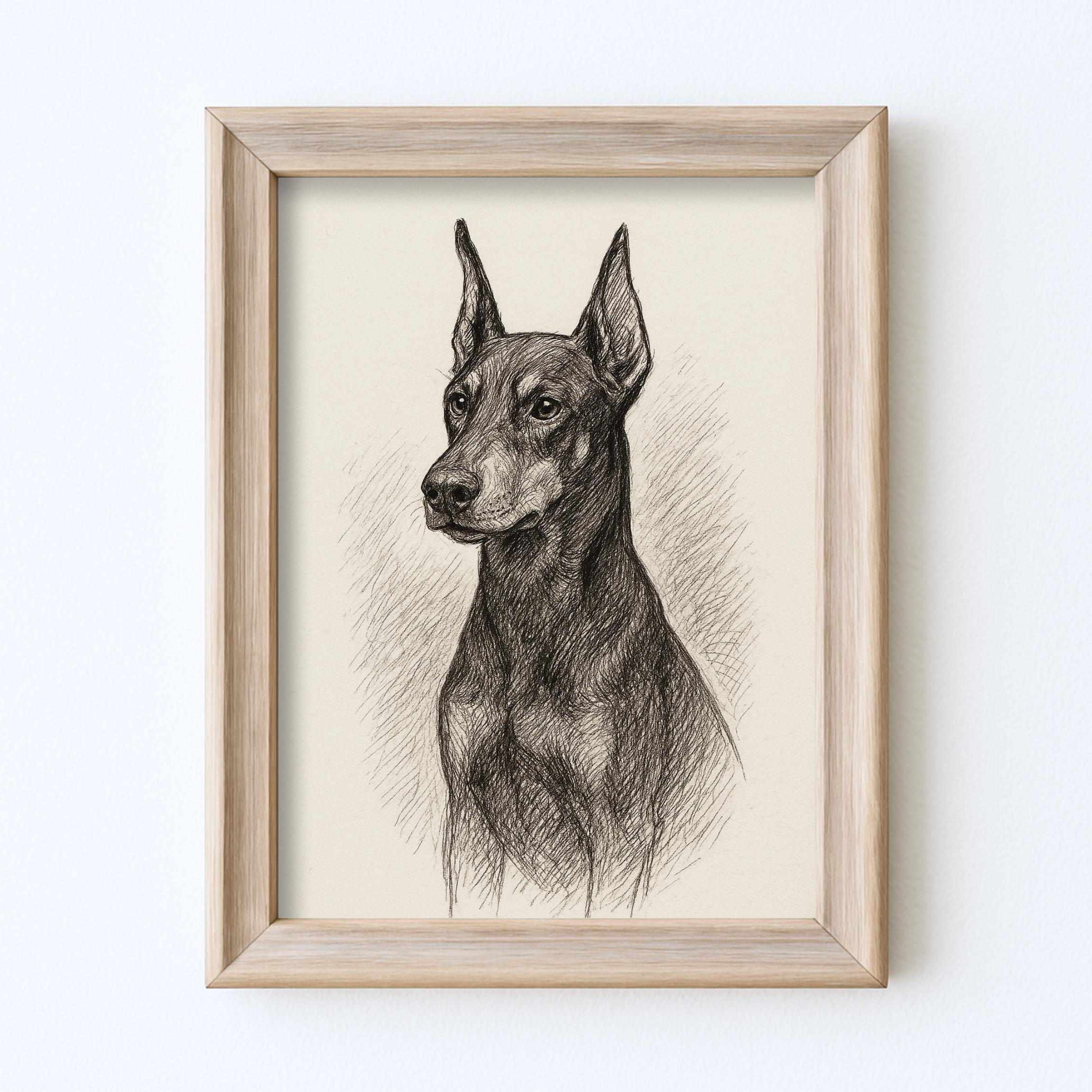 Vintage Doberman Pinscer Sketch Drawing Pet Minimal Line Wall Art