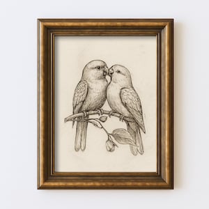 Vintage Lovebirds Pair Sketch Drawing Nursery Line Wall Art Children Baby Room Woodland Antique Cottagecore Farmhouse Rustic Print