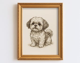 Vintage Shih Tzu Dog Sketch Drawing Pet Minimal Line Wall Art Illustration  Print Dog Lover Gift