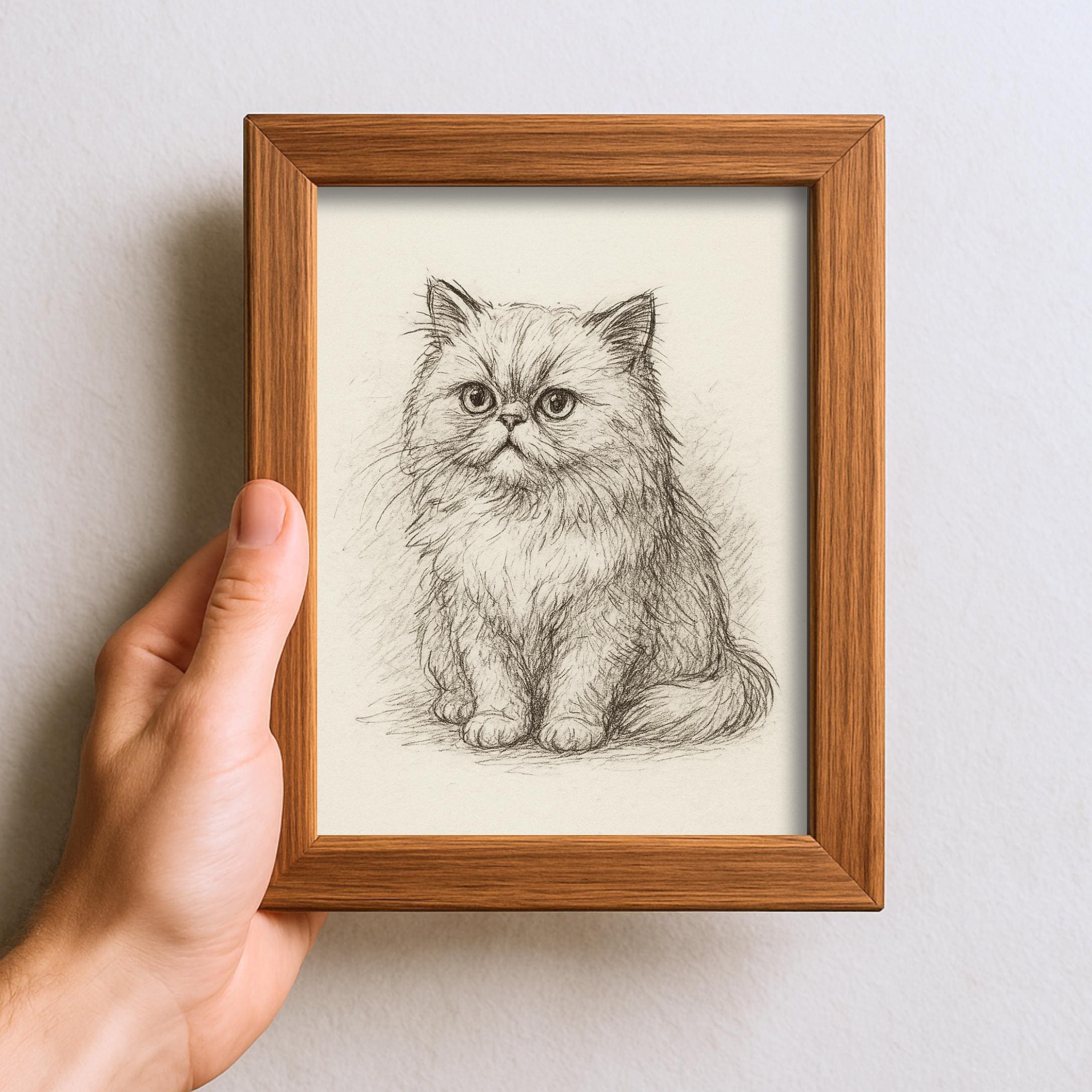 ヴィンテージペルシャ猫のスケッチ画ペットミニマルラインウォール