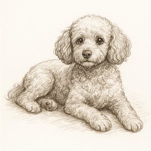 May include: A detailed pencil sketch of a poodle dog lying down. The dog has curly fur and is drawn in shades of brown and white. The dog's eyes are dark and expressive, and it appears to be looking directly at the viewer.