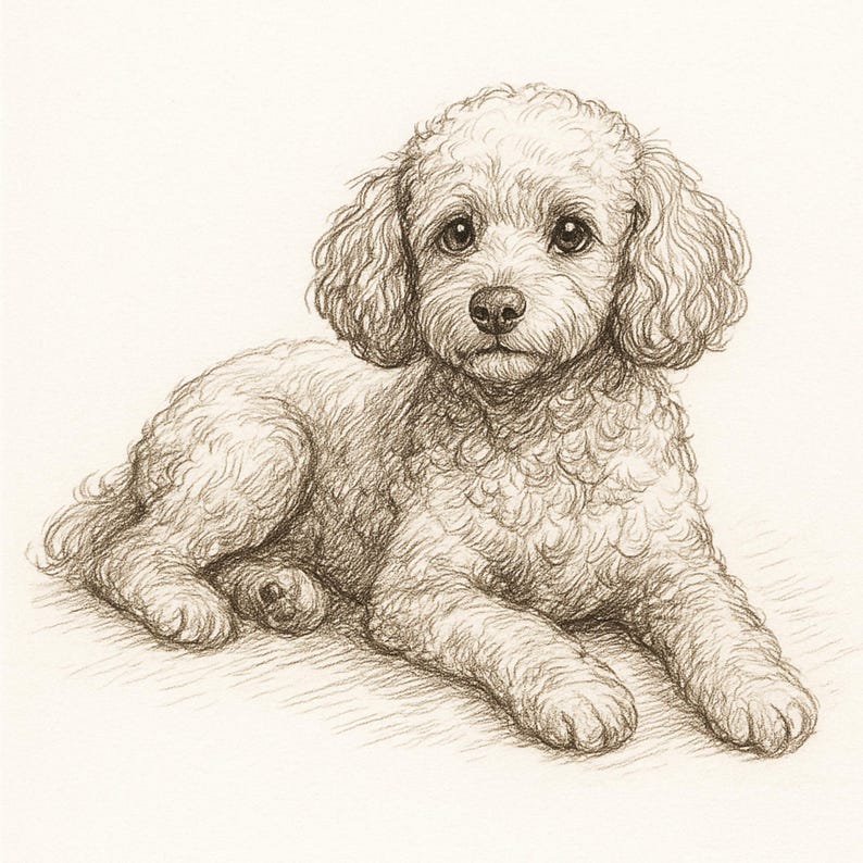 May include: A detailed pencil sketch of a poodle dog lying down. The dog has curly fur and is drawn in shades of brown and white. The dog's eyes are dark and expressive, and it appears to be looking directly at the viewer.
