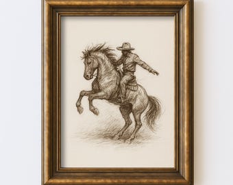 Szkic kowboja na dzikim koniu, wydruk, sztuka ścienna w stylu western, rysunek, ilustracja, styl vintage, rustykalny, rustykalny wystrój wiejski