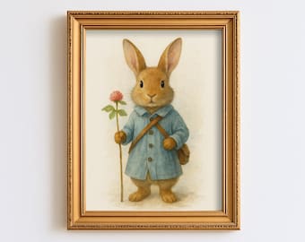 Vintage Rabbit Nursery Print Baby Boy Room Bunny Animal Art Cottagecore Farmhouse Rustic Print Children Woodland Decor Wall Art