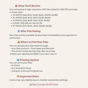 May include: A digital art print information sheet with text detailing file sizes, download instructions, and printing options. The text includes sizes such as 4x6, 8x12, and A5, A4, A3, A2, A1. The sheet also includes the Etsy shop's name.