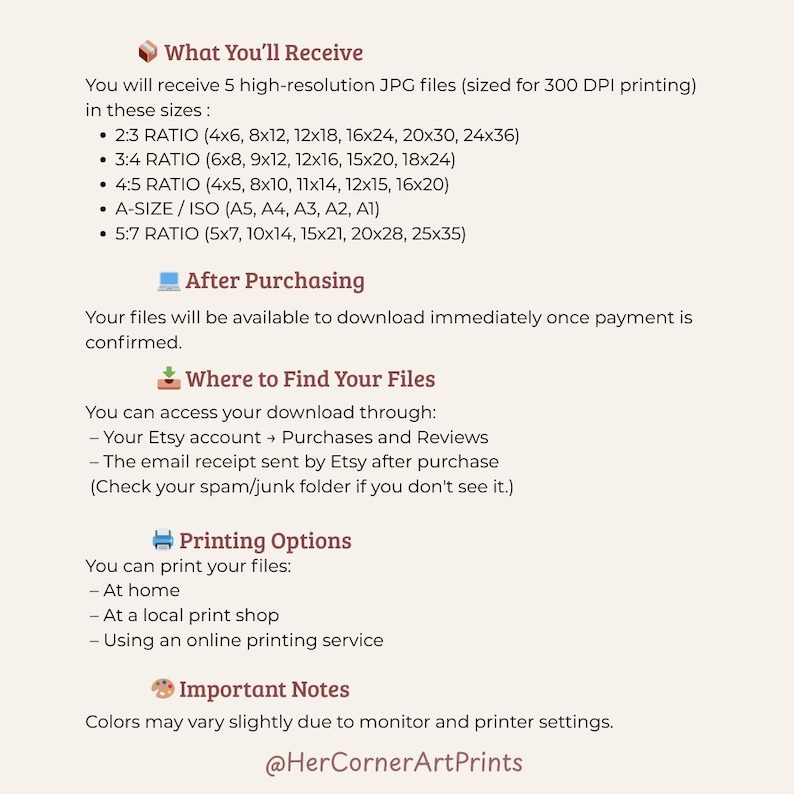 May include: A digital art print information sheet with text detailing file sizes, download instructions, and printing options. The text includes sizes such as 4x6, 8x12, and A5, A4, A3, A2, A1. The sheet also includes the Etsy shop's name.