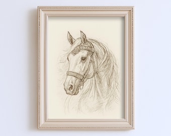 Croquis de cheval vintage dessin minimaliste ligne Nature Art mural Illustration impression d'art mural rustique ferme Cottagecore antique