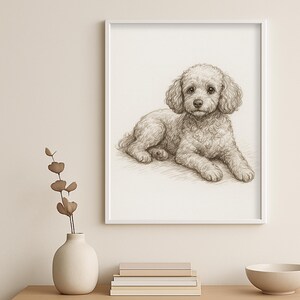 May include: A framed pencil sketch of a poodle dog lying down. The dog has curly fur and is drawn in shades of brown and white. The artwork is displayed in a white frame, and the background is a neutral color.