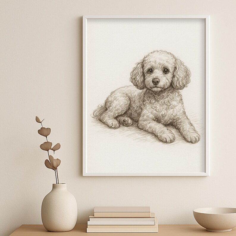 May include: A framed pencil sketch of a poodle dog lying down. The dog has curly fur and is drawn in shades of brown and white. The artwork is displayed in a white frame, and the background is a neutral color.