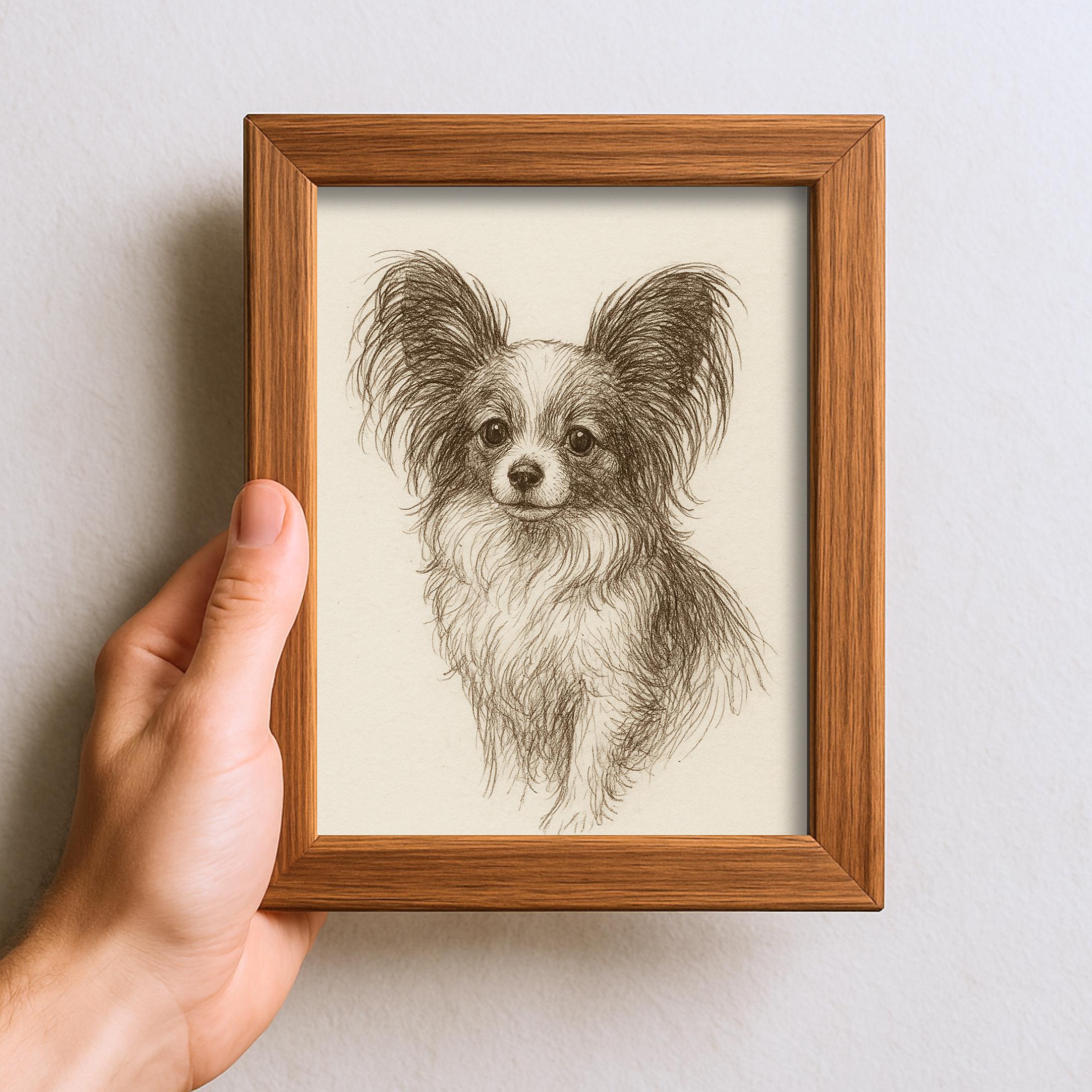 ✨【原画】『庭園でダンス』（絵画　パステル画　パピヨン　植物画　動物画　犬の絵） ヴィンテージ パピヨン 犬のスケッチ画 ペット ミニマルライン