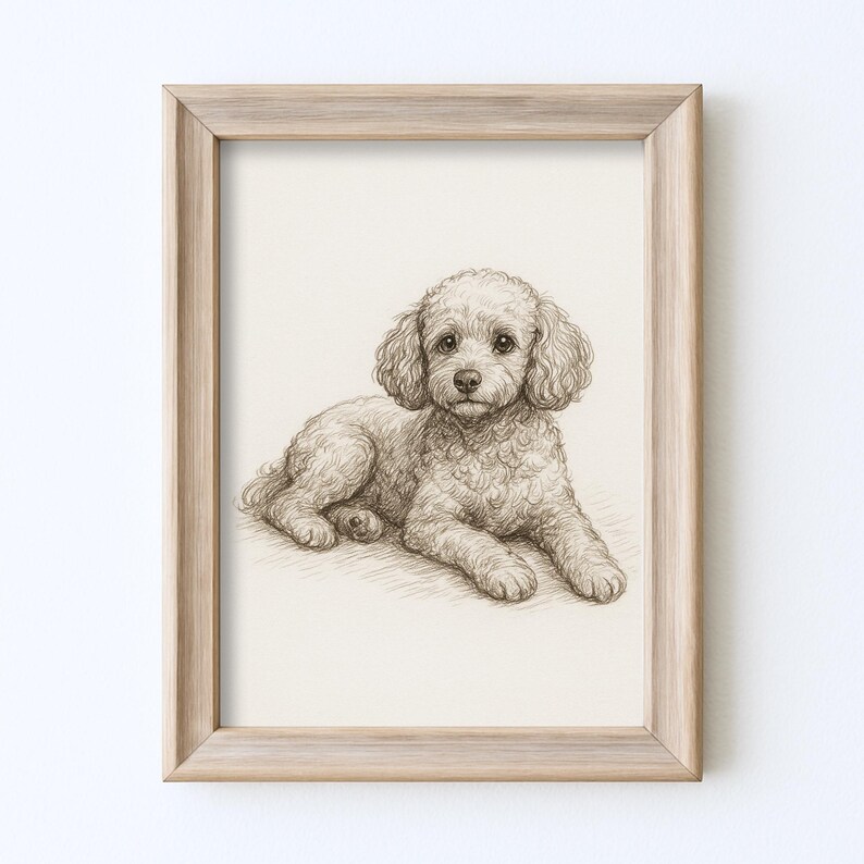 May include: A framed sepia-toned pencil sketch of a poodle lying down. The dog has curly fur and is facing the viewer. The artwork is in a light-colored wooden frame, suitable for home decor.