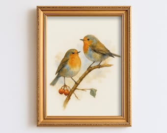 Robin Birds Pair on Branch Nursery Wall Art Children Baby Room Watercolor Woodland Decor Cottagecore Farmhouse Print