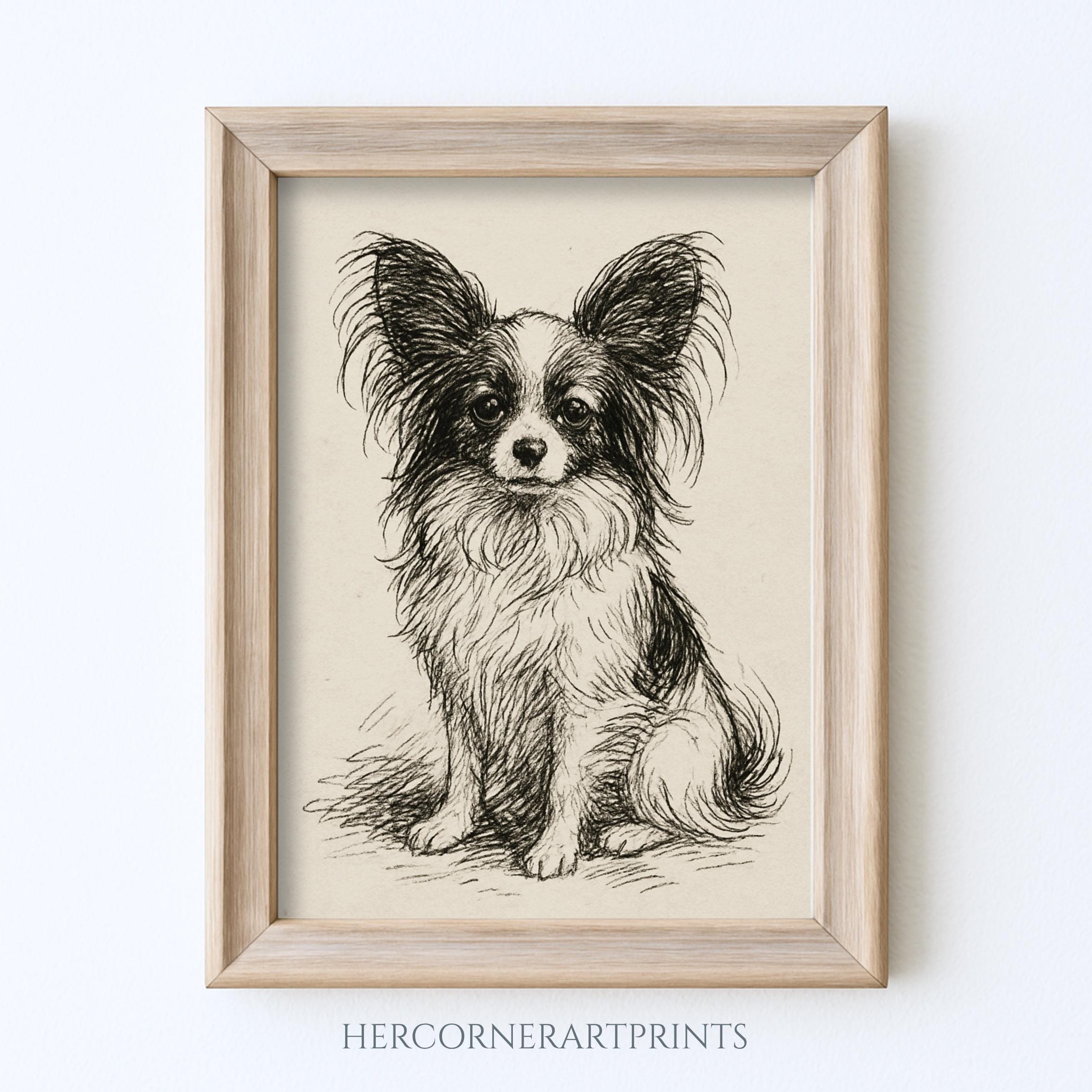 ヴィンテージ パピヨン 犬 スケッチ 描画 ペット ミニマル ライン