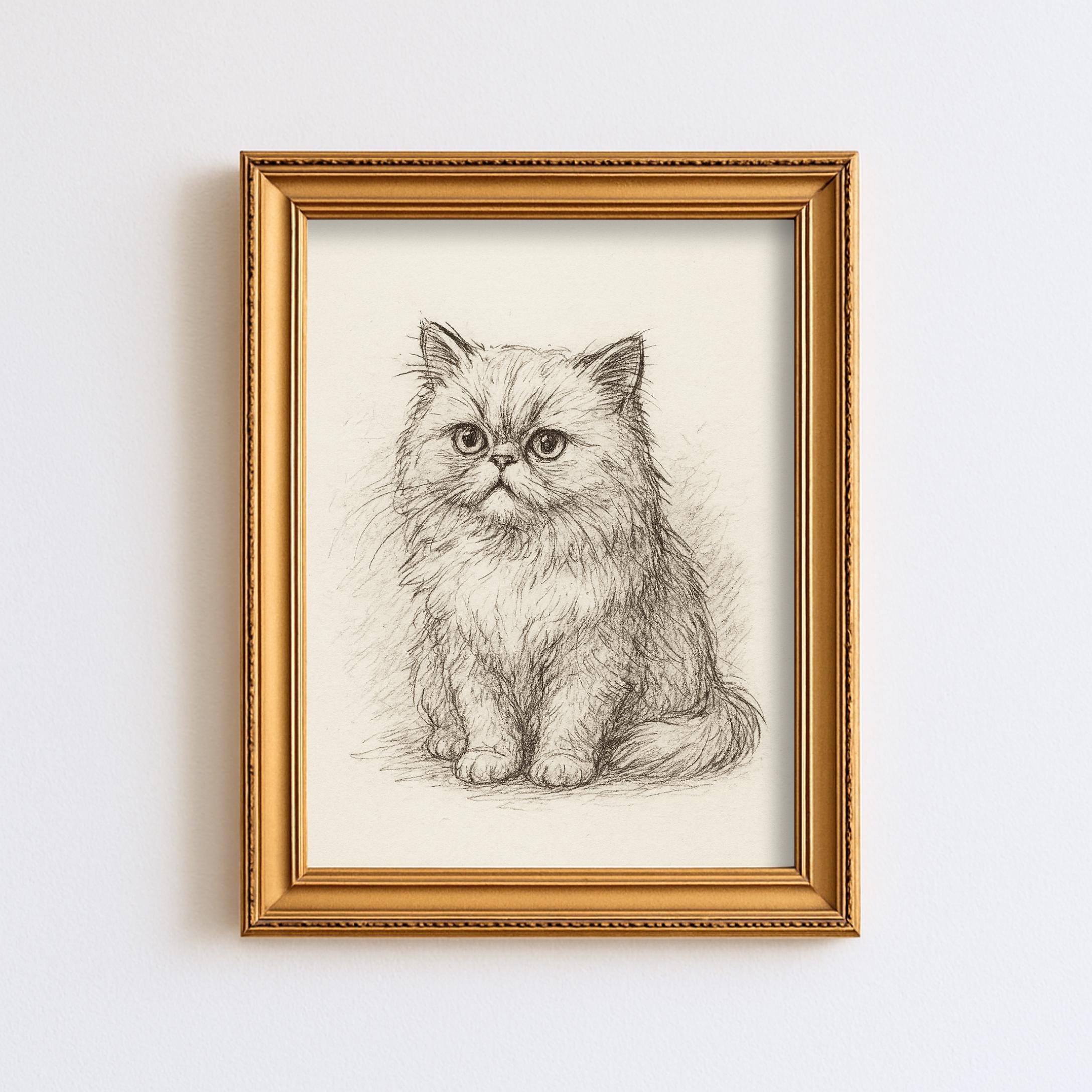 ヴィンテージペルシャ猫のスケッチ画ペットミニマルラインウォール
