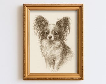ヴィンテージ パピヨン 犬のスケッチ画 ペット ミニマルライン