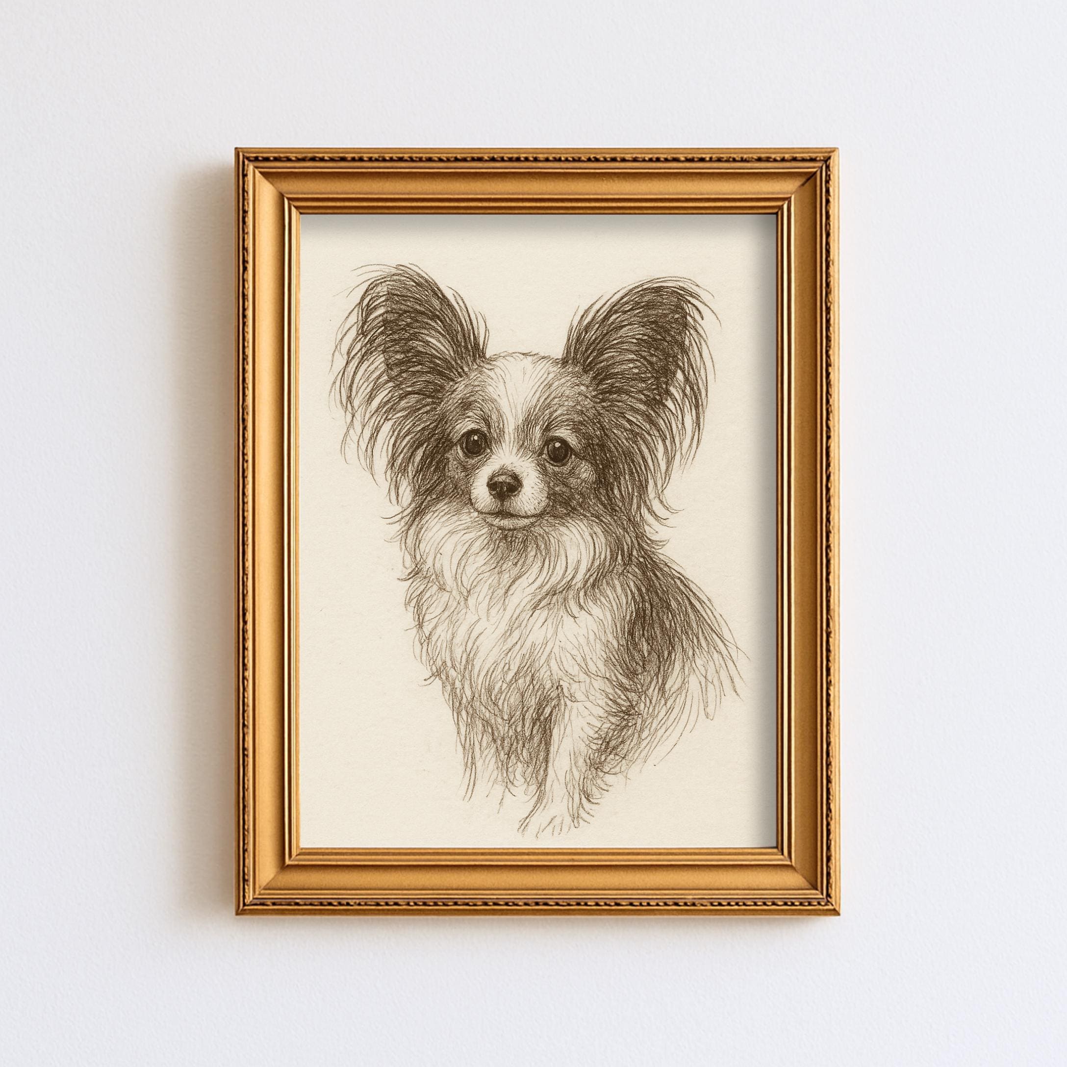 ヴィンテージ パピヨン 犬のスケッチ画 ペット ミニマルライン