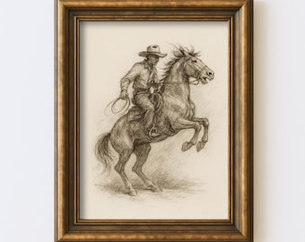 Szkic kowboja na dzikim koniu, wydruk, sztuka ścienna w stylu western, rysunek, ilustracja, styl vintage, rustykalny, rustykalny wystrój wiejski