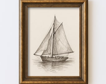 Vintage Sailboat Sketch Print Nautical Line Wall Art Maritime Illustration Coastal Drawing Digital Instant Download