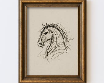 Croquis de cheval abstrait vintage dessin minimaliste ligne équestre Art mural Illustration ancienne ferme Cottagecore impression rustique