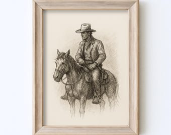 Szkic kowboja na koniu, wydruk, sztuka ścienna w stylu western, rysunek, ilustracja, styl vintage, rustykalny, rustykalny wystrój wiejski