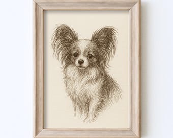 ✨【原画】『庭園でダンス』（絵画　パステル画　パピヨン　植物画　動物画　犬の絵） ヴィンテージ パピヨン 犬のスケッチ画 ペット ミニマルライン