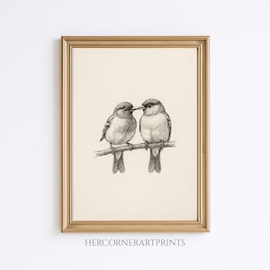 Vintage Lovebirds Paar Skizze Bleistift Zeichnung Kinderzimmer Linie Wand Kunst Kinder Babyzimmer Wald Antik Cottagecore Bauernhaus rustikalen Druck