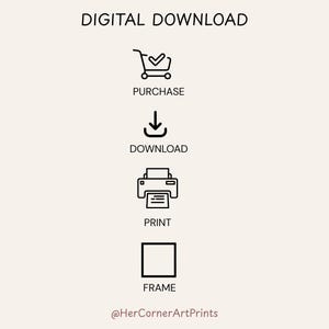 May include: Digital download graphic with icons for purchase, download, print, and frame. Text reads "DIGITAL DOWNLOAD" and "PURCHASE", "DOWNLOAD", "PRINT", and "FRAME". The graphic includes the Etsy shop's name.