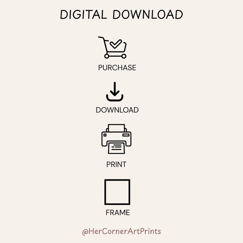 May include: Digital download graphic with icons for purchase, download, print, and frame. Text reads "DIGITAL DOWNLOAD" and "PURCHASE", "DOWNLOAD", "PRINT", and "FRAME". The graphic includes the Etsy shop's name.