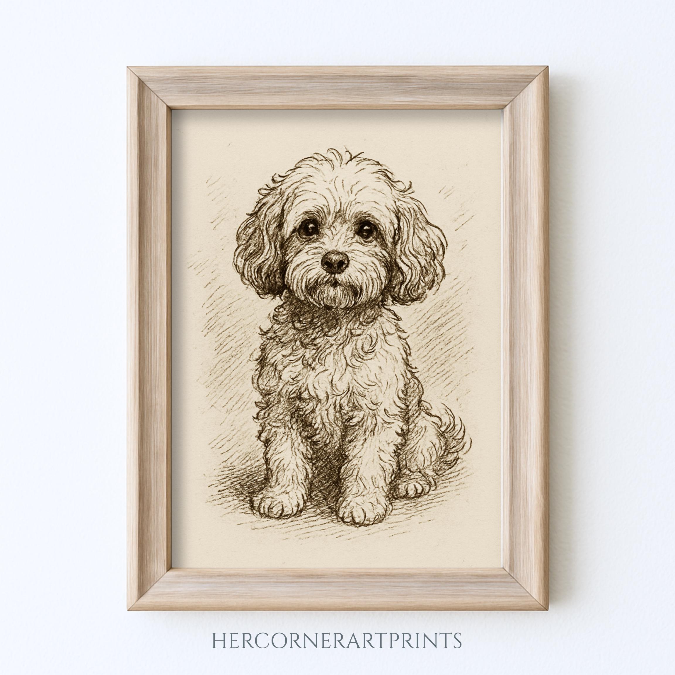 Covapoo Drawing Vintage Cavapoo Sketch Drawing Pet Minimal Line Wall Art Illustration ...