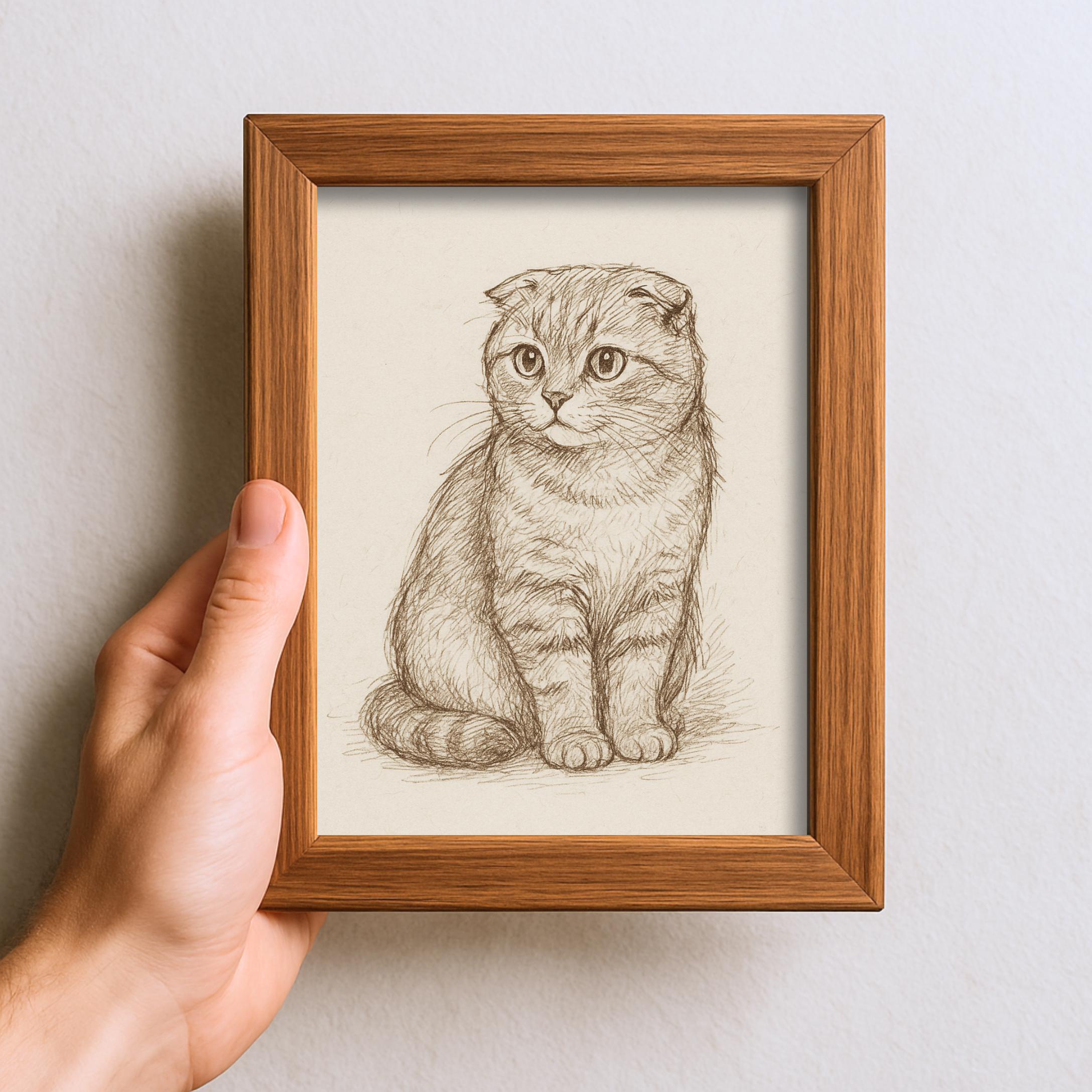 ヴィンテージ スコティッシュフォールド 猫 スケッチ ドローイング