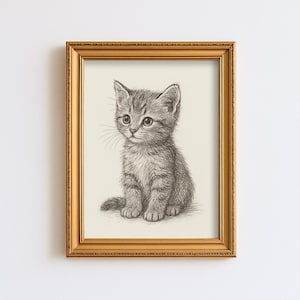 Vintage Cute Kitten Sketch Pet Drawing Minimal Line Wall Art Illustration Nursery Print
