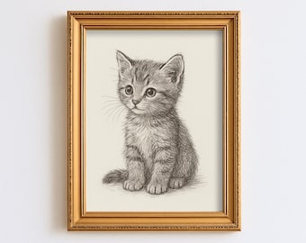Szkic uroczego kociaka w stylu vintage, rysunek zwierzaka, minimalistyczny rysunek ścienny, ilustracja do pokoju dziecięcego