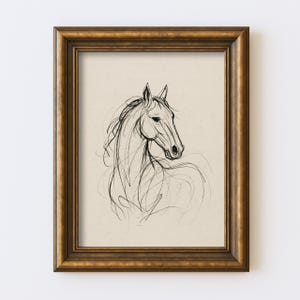 Desenho abstrato de cavalo vintage, desenho minimalista de linha equestre, arte de parede, ilustração, antigo, cottagecore, fazenda, impressão rústica