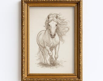 Croquis de cheval vintage dessin minimaliste ligne Nature Art mural Illustration impression d'art mural rustique ferme Cottagecore antique