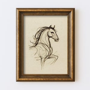Desenho abstrato de cavalo vintage, desenho minimalista de linha equestre, arte de parede, ilustração, antigo, cottagecore, fazenda, impressão rústica