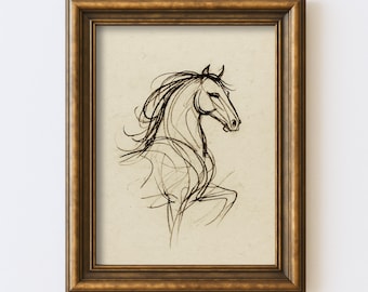Croquis de cheval abstrait vintage dessin minimaliste ligne équestre Art mural Illustration ancienne ferme Cottagecore impression rustique