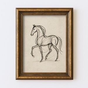 Desenho abstrato de cavalo vintage, desenho minimalista de linha equestre, arte de parede, ilustração, antigo, cottagecore, fazenda, impressão rústica