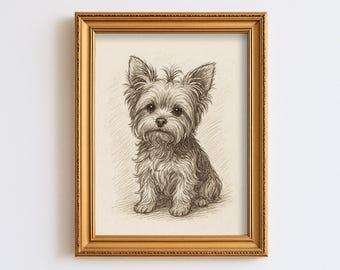 May include: A framed pencil sketch of a Yorkshire Terrier dog. The artwork features a detailed drawing of the dog in a seated position, with a focus on its fluffy fur and expressive eyes. The frame is gold-colored.