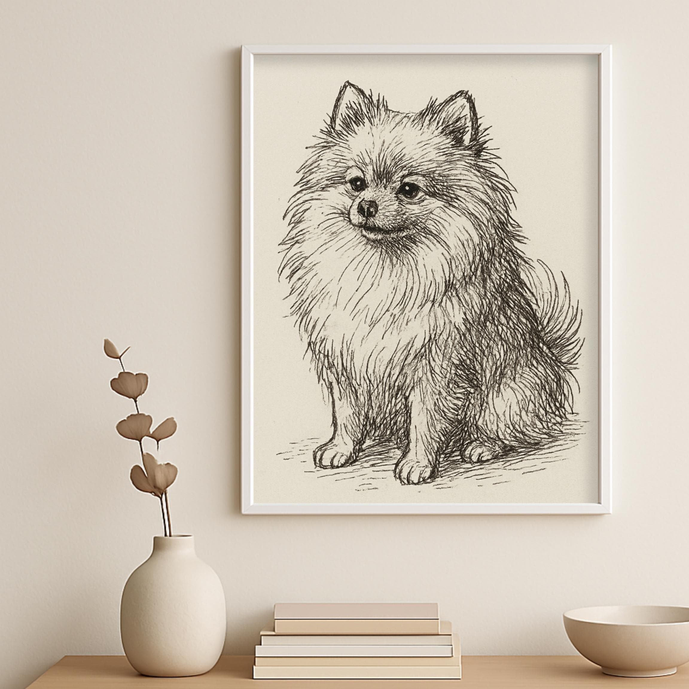 ヴィンテージ ポメラニアン犬 スケッチ画 ペット ミニマルライン