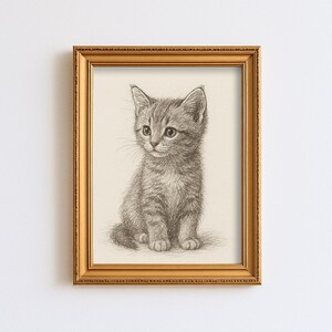 Vintage Cute Kitten Sketch Pet Drawing Minimal Line Wall Art Illustration Nursery Print