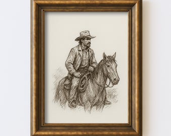 Szkic kowboja na koniu, wydruk, sztuka ścienna w stylu western, rysunek, ilustracja, styl vintage, rustykalny, rustykalny wystrój wiejski