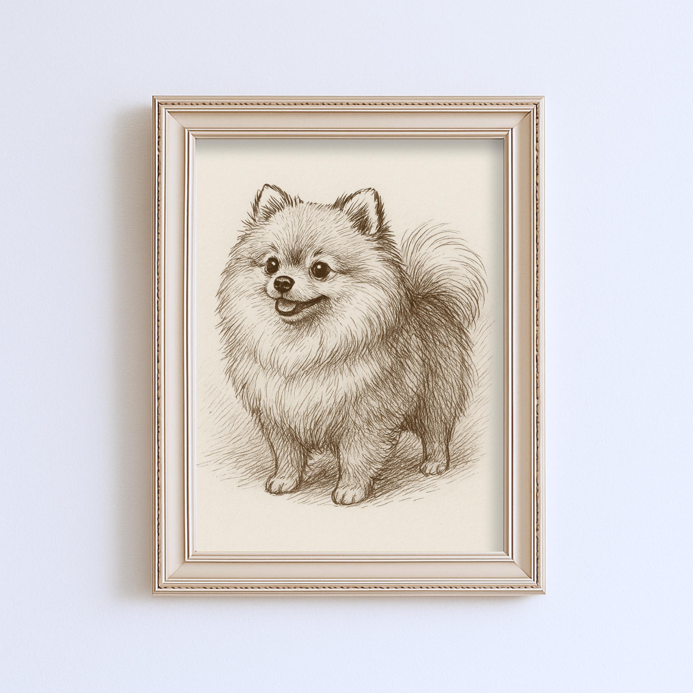 ヴィンテージ ポメラニアン犬 スケッチ画 ペット ミニマルライン
